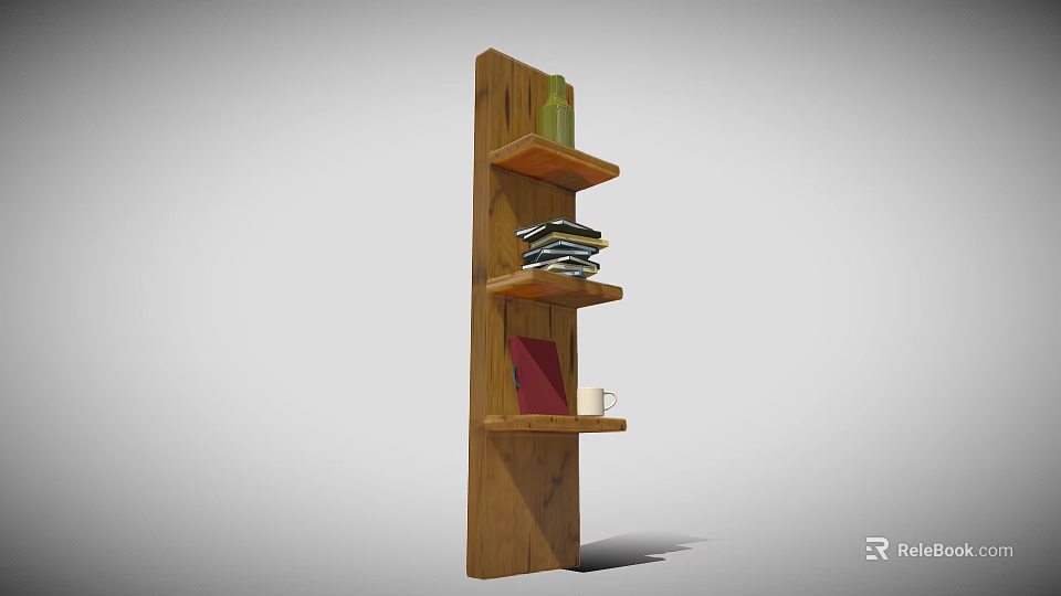 Wooden Bookshelf With Multiple Shelves Holding Stacked Books Green Bottle Red Book And Cup 3d model 