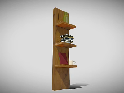 Wooden Bookshelf With Multiple Shelves Holding Stacked Books Green Bottle Red Book And Cup 3d model