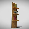 Wooden Bookshelf With Multiple Shelves Holding Stacked Books Green Bottle Red Book And Cup