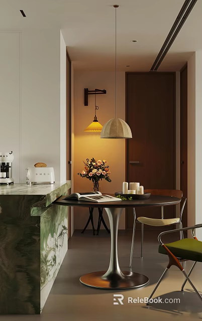 Elegant Modern Dining Living Room With Pendant Lights Dining Table Chairs Flower Bouquet And Candles 3d model 