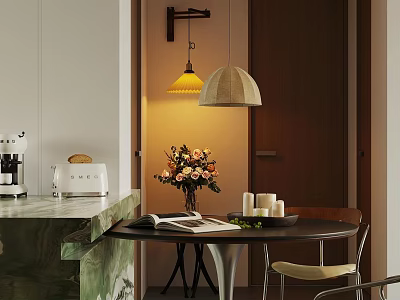 Elegant Modern Dining Living Room With Pendant Lights Dining Table Chairs Flower Bouquet And Candles 3d model