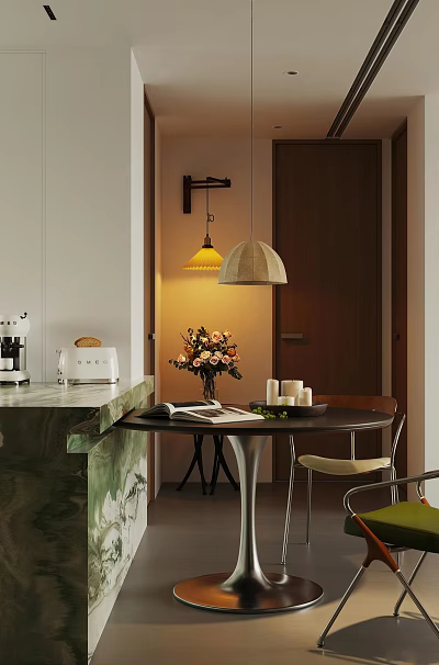 Elegant Modern Dining Living Room With Pendant Lights Dining Table Chairs Flower Bouquet And Candles 3d model