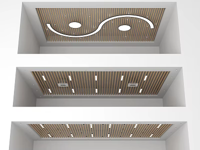 Modern Ceiling Design With Wooden Slats Curved Light Strips And Round Lights 3d model