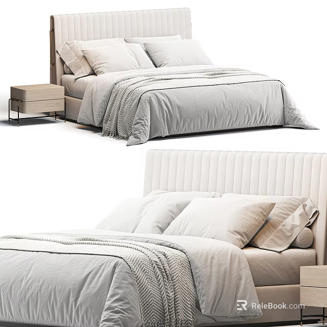 Modern Double Bed With White Striped Headboard Grey Bedding Nightstand And Light Quilt Pillows 3d model 