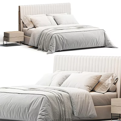 Modern Double Bed With White Striped Headboard Grey Bedding Nightstand And Light Quilt Pillows 3d model