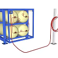 Industrial Equipment with Blue Frame Four Yellow Cylindrical Tanks White Column and Red Hose
