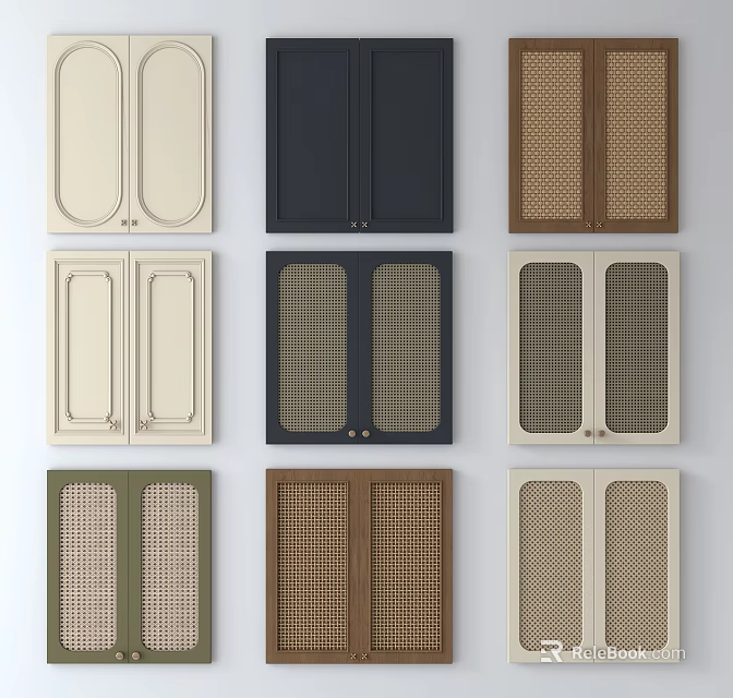 Various Modern Wardrobe Doors with Panel and Mesh Designs in Neutral and Bold Tones 3d model 
