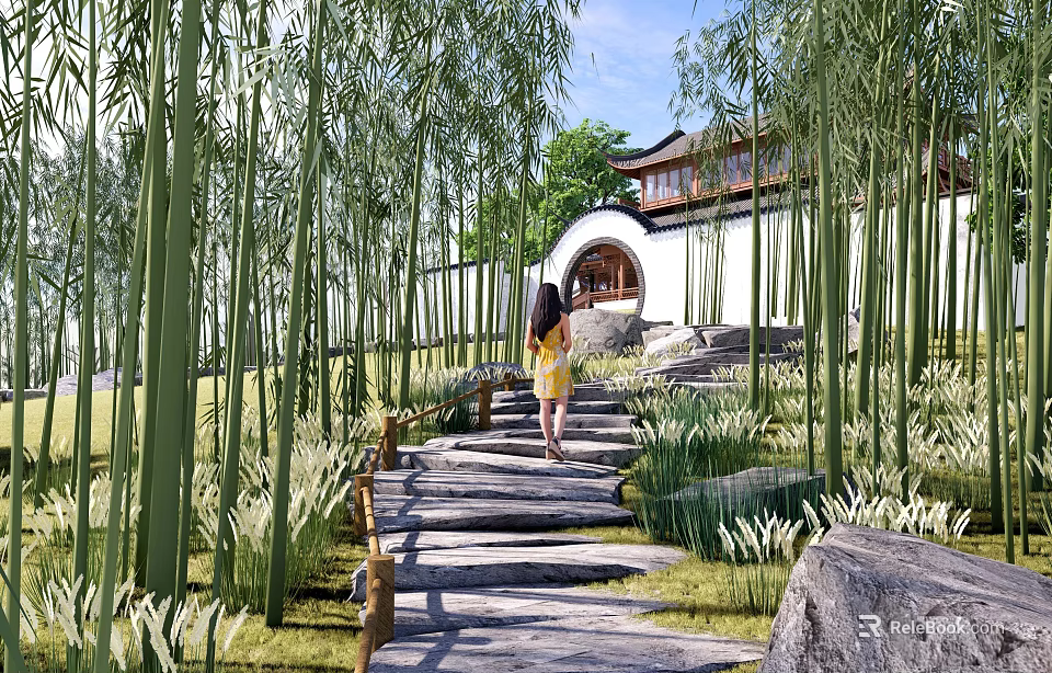 Park Landscape featuring Bamboo Groves Stone Pathway Woman in Yellow Dress and Chinese Style Building 3d model 