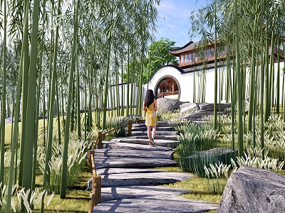 Park Landscape featuring Bamboo Groves Stone Pathway Woman in Yellow Dress and Chinese Style Building 3d model
