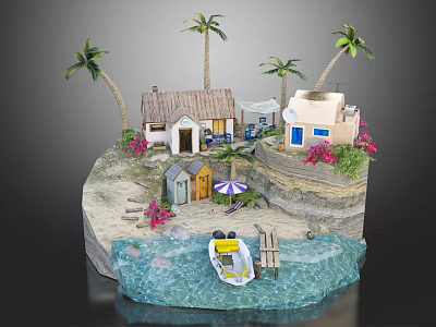 Cute Cartoon Island Scene Featuring Small Houses Palm Trees Boat And Pink Flowers 3d model
