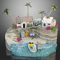 Cute Cartoon Island Scene Featuring Small Houses Palm Trees Boat And Pink Flowers