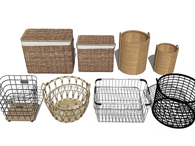 Versatile Storage Baskets with Wicker and Metal Designs Various Sizes for Home Organization 3d model