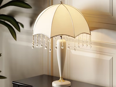 White Decorative Table Lamp With Umbrella Shaped Lampshade Beaded Fringes And Cylindrical Base With Gold Trim 3d model