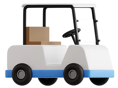 White Functional Utility Vehicle With Blue Base Equipped With Steering Wheel Carrying Cardboard Boxes 3d model