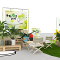 Exhibition Booths With White Canopies Green Yellow Decorations Plants And Circular Central Area
