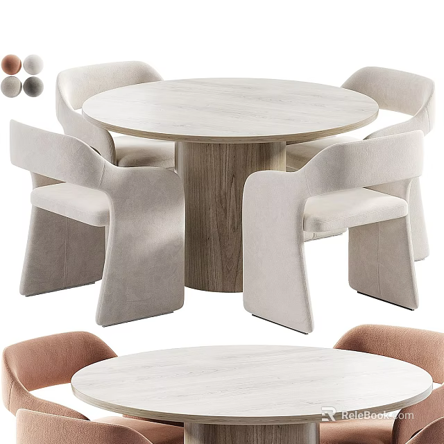 Modern Round Dining Table Set With Wooden Base And Beige Brown Curved Chairs 3d model 