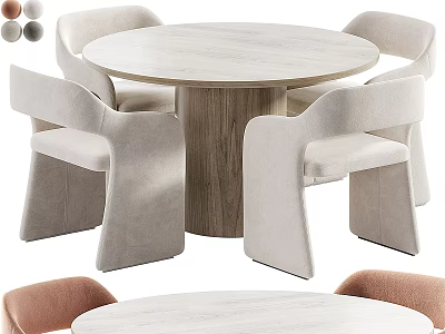 Modern Round Dining Table Set With Wooden Base And Beige Brown Curved Chairs 3d model