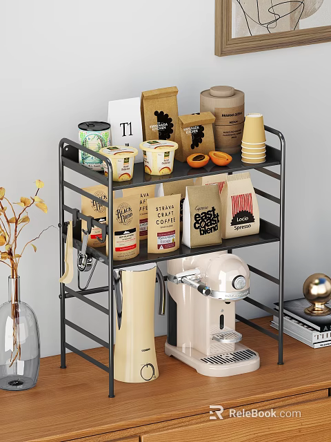 Practical Kitchen Storage Rack With Cans Paper Boxes Cups And Coffee Machine 3d model