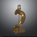 Golden Sculpture With Horse Head Trident And Curved Body On Circular Base