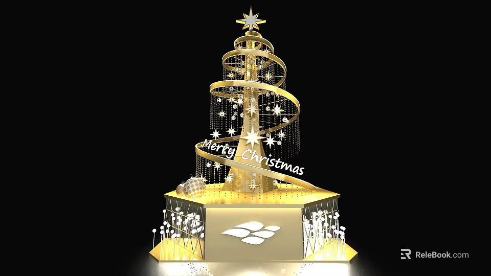 Golden Spiral Christmas Tree With Star Decorations Merry Christmas Sign Illuminated Ornaments And Snowflake Base 3d model 