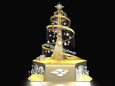 Golden Spiral Christmas Tree With Star Decorations Merry Christmas Sign Illuminated Ornaments And Snowflake Base 3d model