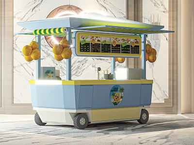 Colorful Blue Yellow Snack Cart With Striped Awning Menu Board And Hanging Food 3d model