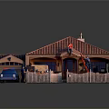 Residential House Repair Work With Workers Tools Ladder Roof And Garage Area