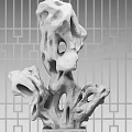 Natural Stone Sculpture With Porous Texture And Traditional Wooden Lattice