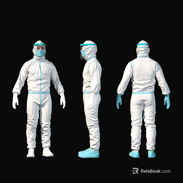 People wearing full body protective suits with blue gloves face shields and white boots 3d model 