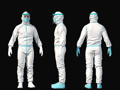 People wearing full body protective suits with blue gloves face shields and white boots 3d model