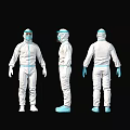 People wearing full body protective suits with blue gloves face shields and white boots