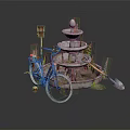 Vintage Bicycle And Tiered Fountain With Birdhouse Green Plants And Shovel