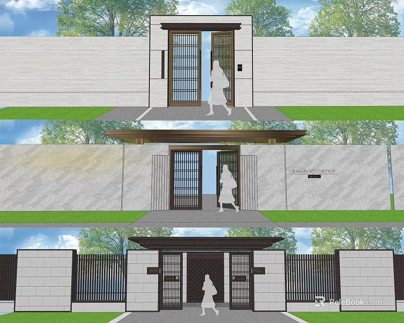 Modern Entrance Structure With Wooden Glass Door Stone Wall And Green Plants 3d model 