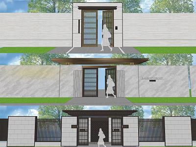 Modern Entrance Structure With Wooden Glass Door Stone Wall And Green Plants 3d model