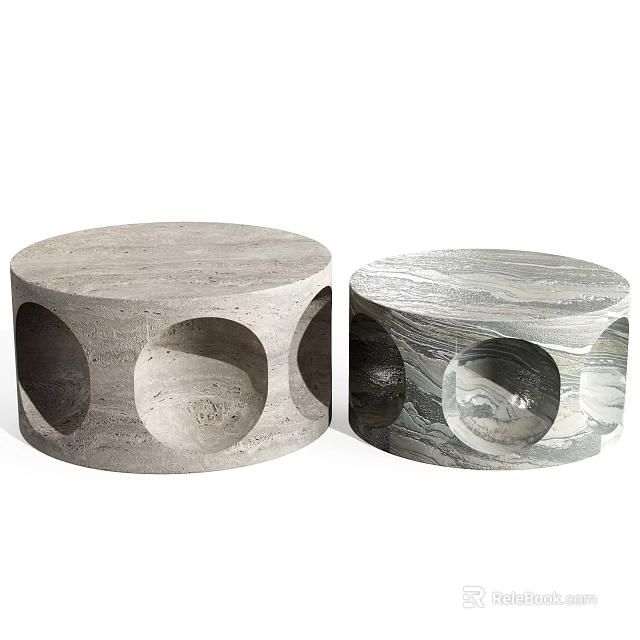 Stylish Round Coffee Tables With Marble Texture And Circular Cutouts 3d model
