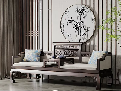 Traditional Chinese Arhat Bed With Carved Headboard Soft Cushions Bamboo Decor And Green Plant 3d model