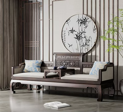 Traditional Chinese Arhat Bed With Carved Headboard Soft Cushions Bamboo Decor And Green Plant 3d model