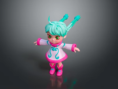 Child with teal pigtails green eyes pink white dress blue patterns pink shoes arms outstretched 3d model