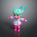 Child with teal pigtails green eyes pink white dress blue patterns pink shoes arms outstretched