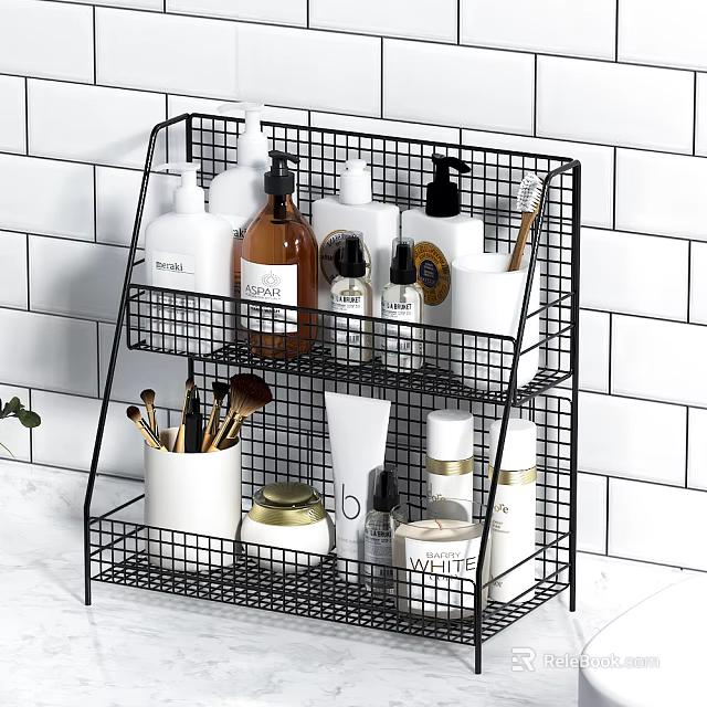Black Wire Two Tier Bathroom Shelf for Toiletries Storage with Bottles Brushes and Cups 3d model 