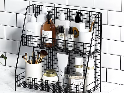 Black Wire Two Tier Bathroom Shelf for Toiletries Storage with Bottles Brushes and Cups 3d model