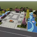 Public Plaza With Central Red Decorative Element Surrounding Red Structures Paved Ground And Lush Greenery