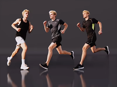 Three Men Running in Athletic Outfits on Gray Background With Reflective Floor 3d model