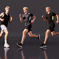Three Men Running in Athletic Outfits on Gray Background With Reflective Floor