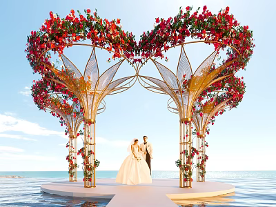 Seaside Photo Check In Spot With Heart Shaped Floral Arch Golden Frame And White Platform 3d model