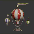 Large And Small Hot Air Balloons With Red White Purple Yellow Stripes And Tassels