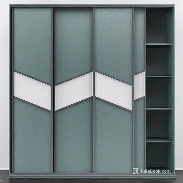 Modern Green Wardrobe With Geometric White Accents And Open Shelves 3d model 