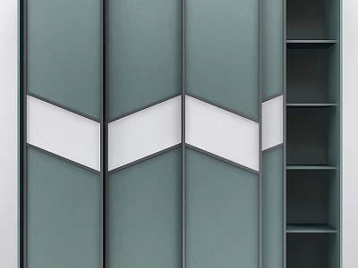 Modern Green Wardrobe With Geometric White Accents And Open Shelves 3d model