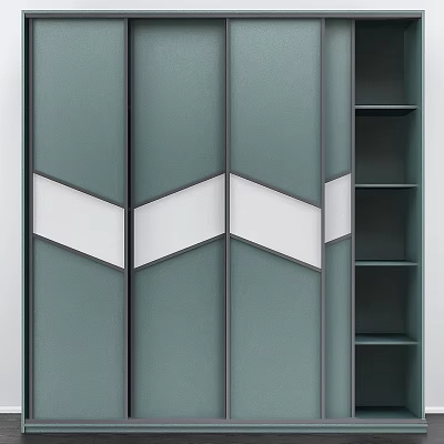 Modern Green Wardrobe With Geometric White Accents And Open Shelves 3d model