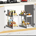 Organized Spice Bottles In Kitchen Cabinet With Stainless Steel Storage Racks